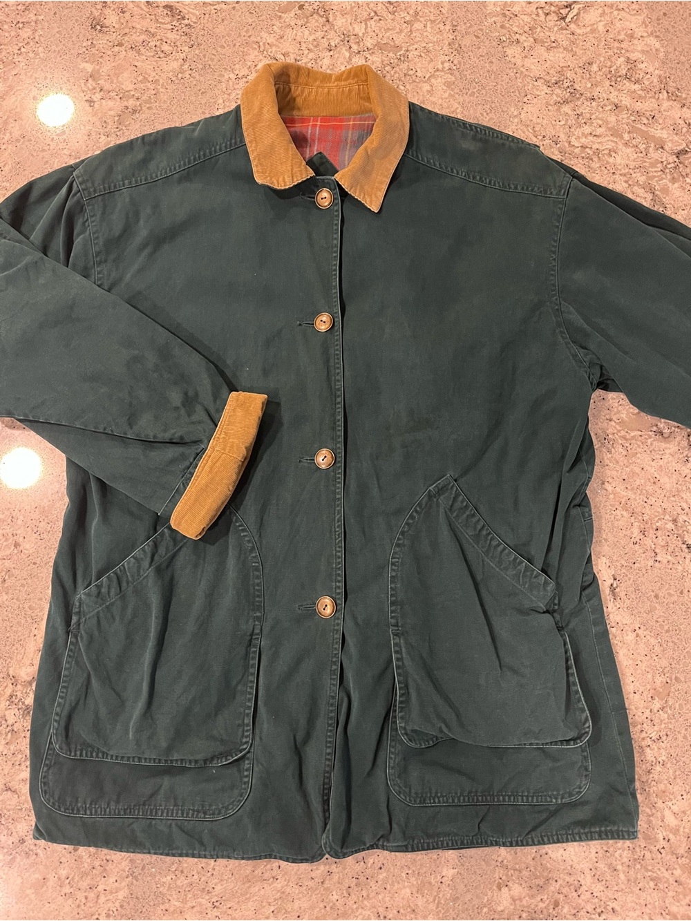 Vintage 90s Men's Dark Green Chore Coat with Tan Corduroy Collar